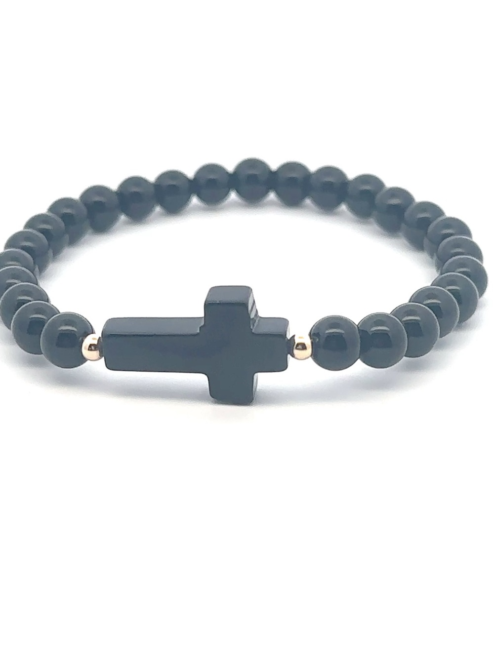 14K Solid Gold & Gemstone 6mm Cross Stretch Stretch Bracelet Onyx